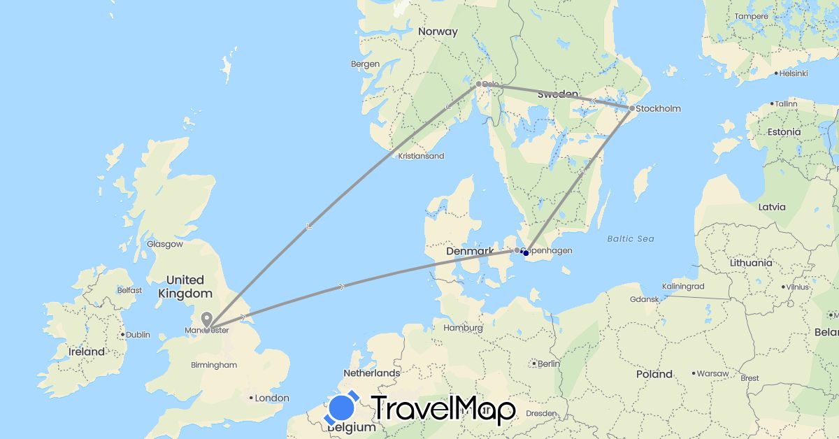 TravelMap itinerary: driving, plane in Denmark, United Kingdom, Norway, Sweden (Europe)